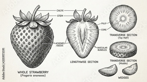 Detailed Botanical Illustration of Strawberry Anatomy with Cross-Sections, Lengthwise View, Seeds, and Labeled Parts