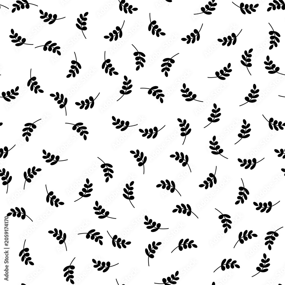 Fototapeta premium Seamless pattern of small black minimalist leaves on a white background, perfect for textile or wallpaper design.