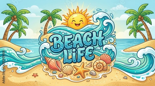 Summer beach life cartoon illustration with vibrant ocean waves, happy sun, tropical palm trees, and sandy shore with seashells.