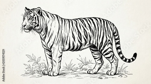 Detailed Black and White Tiger Illustration, Wild Big Cat Sketch, Engraving Style Wildlife Art