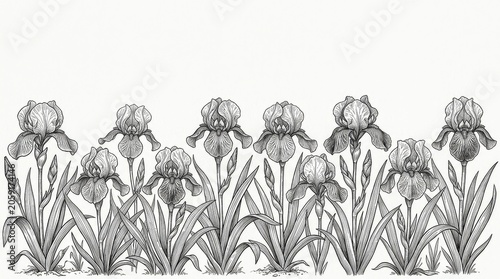 Elegant Vintage Botanical Iris Flower Illustration in Black and White Pencil Drawing Style, Detailed Floral Border Design Element