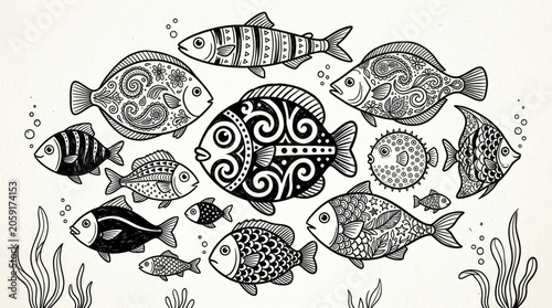 Decorative patterned fish school illustration with intricate details, ocean marine life, black and white artistic drawing