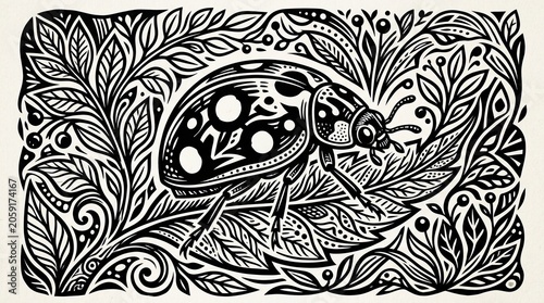 Detailed Linocut Ladybug Illustration on Ornate Foliage. Engraved Black and White Nature Pattern Artwork.