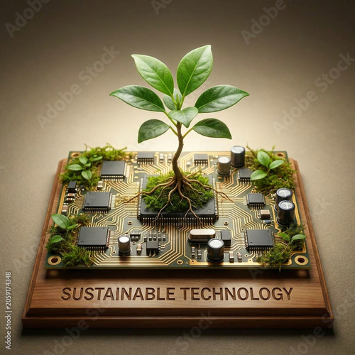 Sustainable Technology Concept with Plant Growing on Circuit Board  
