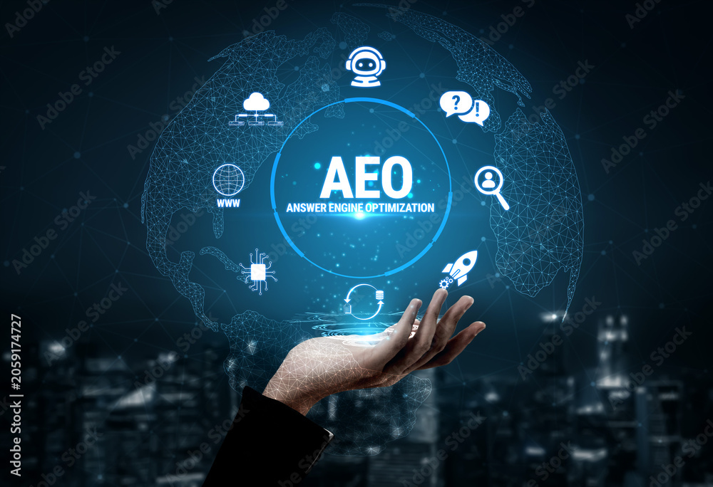 Obraz premium Hand Holding Globe with AEO Icon and Digital Symbols Representing Global Connectivity and Technology Solutions for Optimization and Engagement Fluxor.