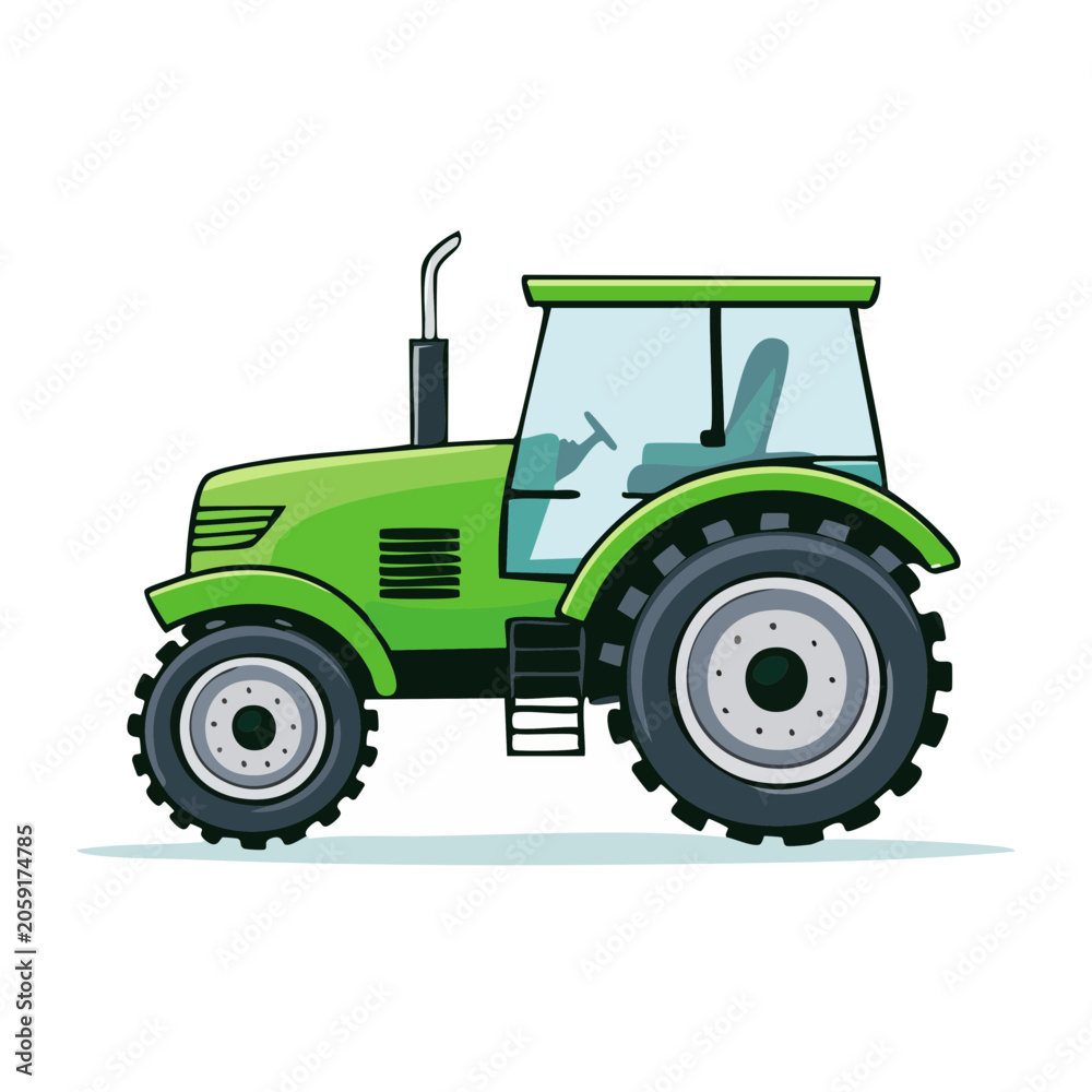 Naklejka premium Green tractor side view flat illustration