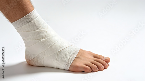 Close-up of a human foot with a medical bandage wrap on the ankle.