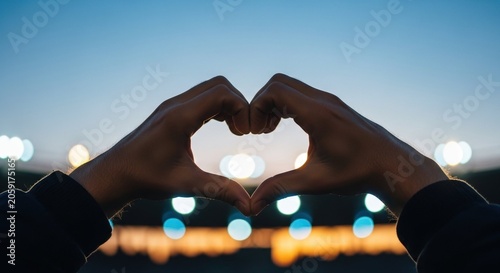 Silhouette of hands forming a heart shape at a stadium. Fan showing love and support at a concert or sports event. Bokeh lights background