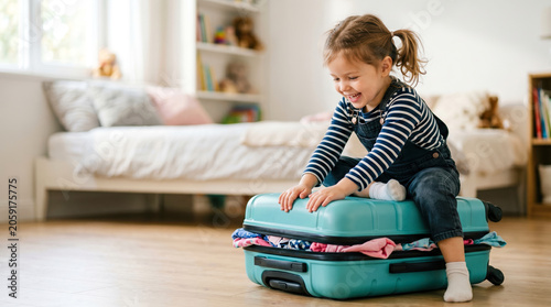 A girl sits on top of a suitcase in a room with natural light coming in. She is packing clothes with a joyful expression. The space has a bed and shelves in the background