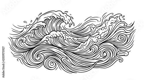 Εκτύπωση καμβά Stylized Ocean Waves Illustration, Black and White Line Art