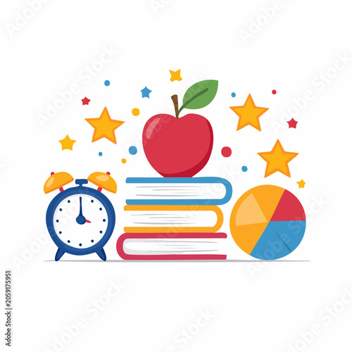 Back to School Elements: Apple, Books, Alarm Clock, Pie Chart, Stars