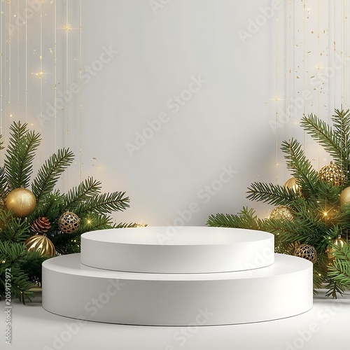 Christmas Decorations on White Podium Background