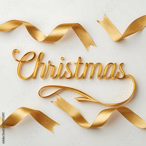 Golden Christmas Ribbon and Text on White Background with Festive Sparkle