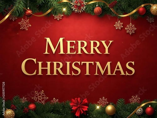 Merry Christmas greeting card with festive decorations and golden text