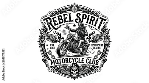Rebel Spirit Motorcycle Club Emblem with Biker and Wings
