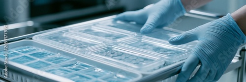 Focused medium shot of sterile gloves handling sealed medical containers and bluetinted sterilization items on a trolley showcasing a modern clinics meticulous preparation