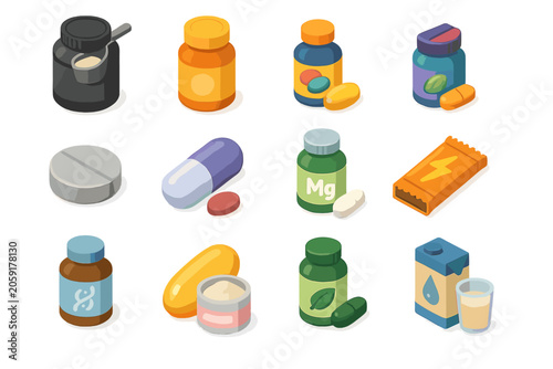 Colorful assortment of vitamin and supplement containers with pills