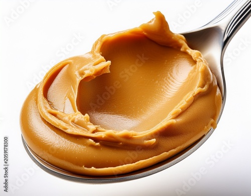 a macro close up of a silver spoon scooping a thick dollop of creamy smooth peanut butter featuring a gooey golden brown texture and roasted nut detail isolated on a white background