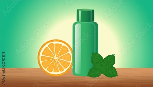 Green Skincare Bottle With Citrus Slice And Mint Leaves