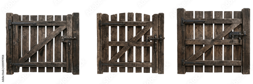 Obraz premium Set of a rustic brown wooden gate with horizontal planks and metal hinges, ideal for farm, garden, or countryside landscape designs, isolated on a transparent background.