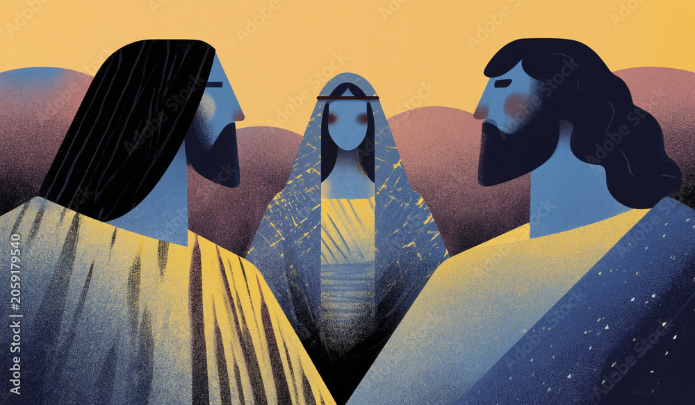 Fototapeta premium Veiled biblical woman among men in expressive religious portrait scene