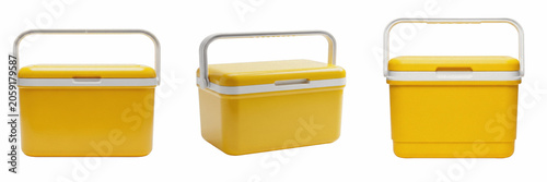 Cuadro en lienzo Set of a bright yellow portable cooler box with a white handle and lid, essential for summer picnics, camping trips, and outdoor activities, isolated on a transparent base