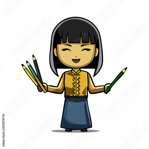 Cartoon girl holding colored pencils