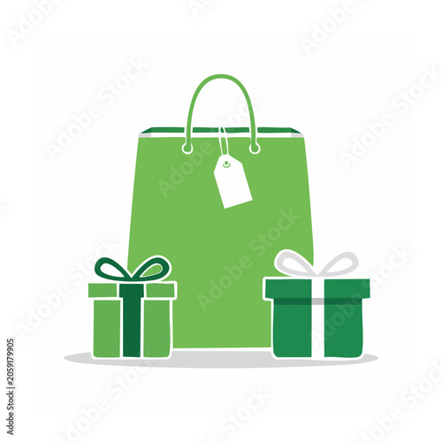 Green shopping bag with gift boxes flat illustration