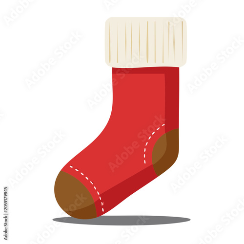 Red knitted sock with brown toe and heel