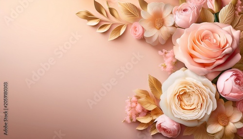 Elegant Motherrs Day Background With Soft Pastel Pink And Beige Tones Luxury Floral Arrangement In Corner With Roses And Peonies Golden Light Glow Minimal Composition