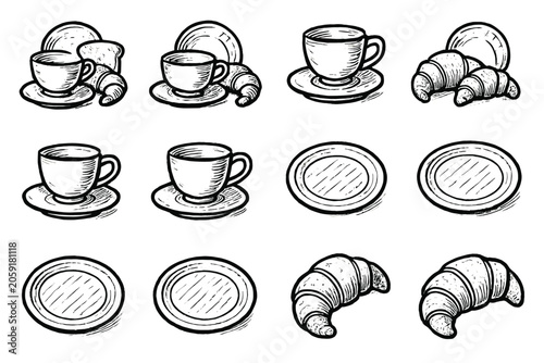Handdrawn plate icon set rough doodle croissant breakfast teacup cup vector setup