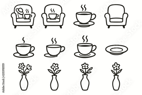 Doodle rest vector flower corner vase cup rough teacup afternoon icon saucer