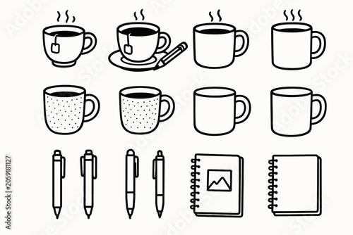 Drawing break mug icons pen sketchbook teacup vector corner artist artistic tea