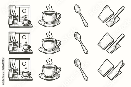 Peaceful set napkin corner teacup icon morning folded vector spoon