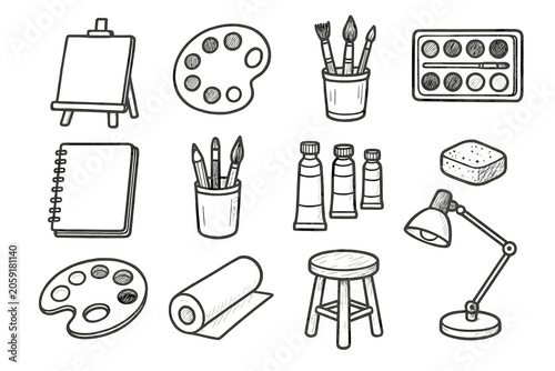 Color pencil tools paper desk lamp vector icon sponge brushes set art