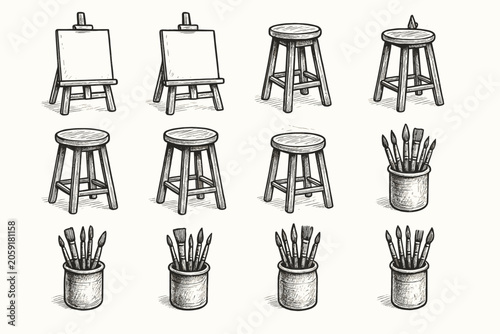 Wooden pot icon brush stool vintage easel vector icons artist workspace