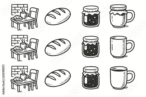 Set cozy loaf setup breakfast jam bakery jar vector icon bread mug