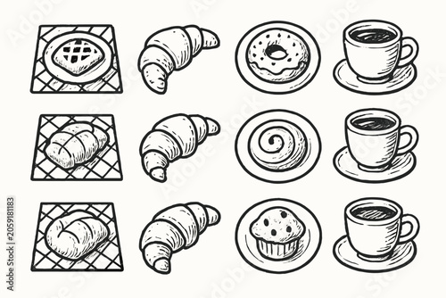 Cup vector mood coffee sketch morning set bakery pastry icon plate croissant