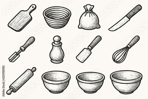 Pin rolling tools artisan icons doodle icon whisk vector bowl baking