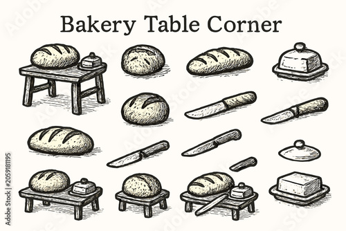 Butter dish icon bakery loaf bread vector baking set scene rustic knife