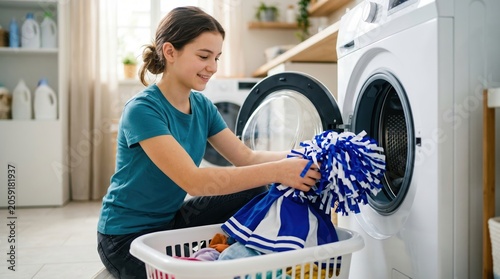 A girl places colorful clothes and a cheerleading outfit into a washing machine. She smiles while handling the laundry in a well-lit room. The space is tidy with laundry supplies nearby