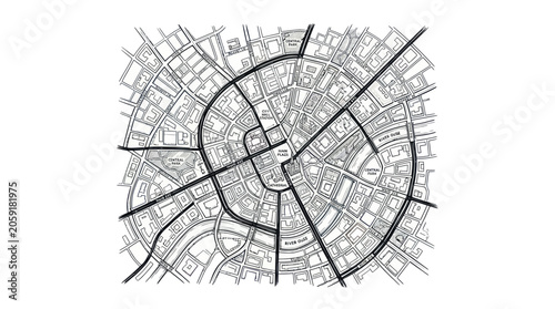 Konstfotografi Circular City Map Drawing, Urban Planning Blueprint, Concentric Streets