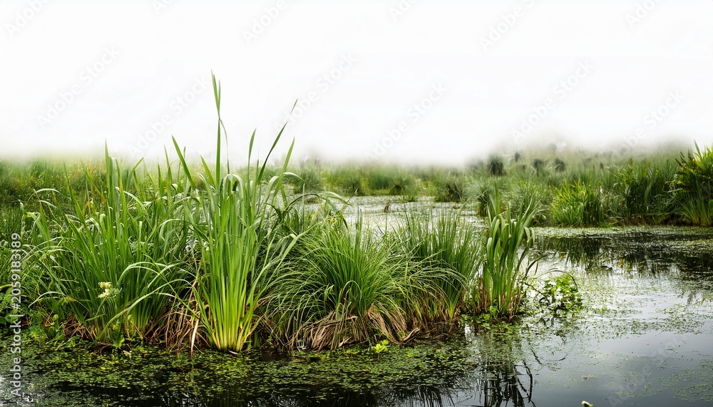 Obraz premium lush vegetation growing in swampy wetlands with white background