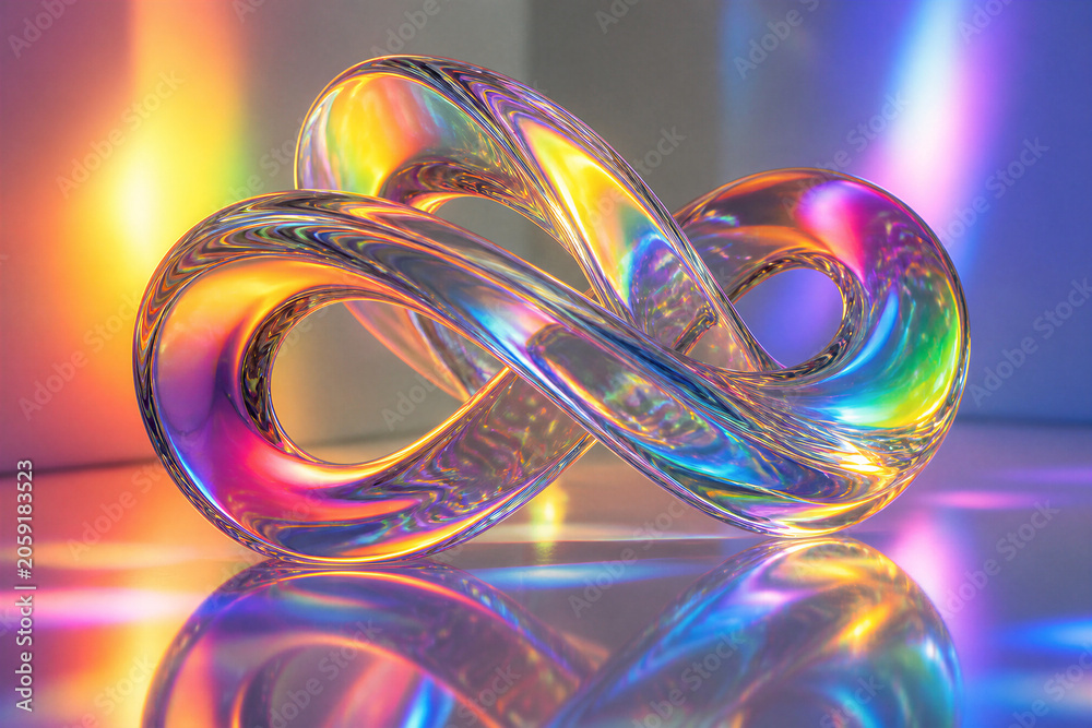 Fototapeta premium Glass infinity knot reflecting rainbow light on glossy surface