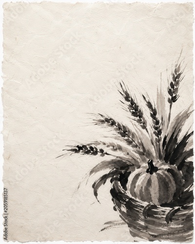 Ink painting of pumpkin with wheat ears in basket on textured paper. Artistic illustration for autumn harvest design. Traditional drawing style with empty copy space for holiday message.