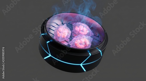 Steaming shrimp dumplings inside a futuristic glowing food container. Cyberpunk style oriental food concept. Innovation in culinary technology and digital gastronomy experience.