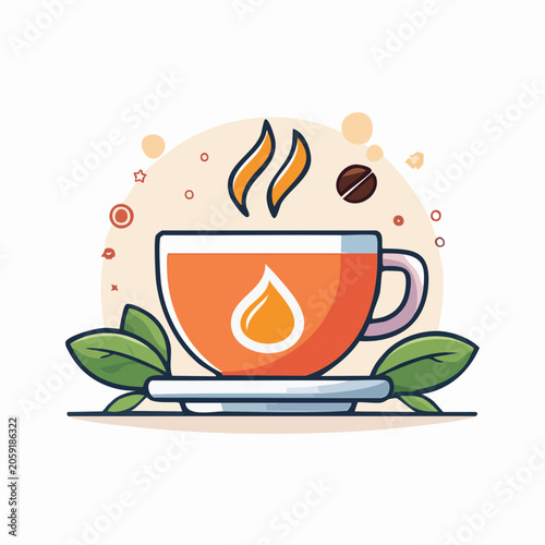 Steaming Cup of Tea or Coffee with Leaves and Coffee Bean