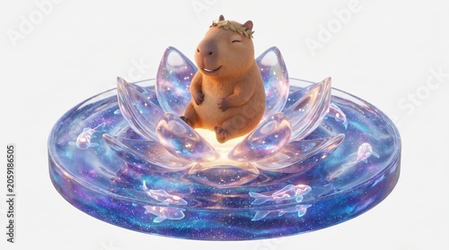Capybara sitting inside crystal lotus flower on galaxy pool. Animal in meditative pose with laurel wreath. Cute creature in magical universe. Surreal fantasy artwork for spiritual concept.