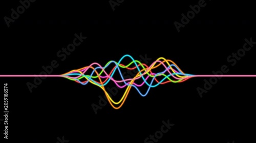 Colorful digital audio waves and data lines fluctuating like a music equalizer
