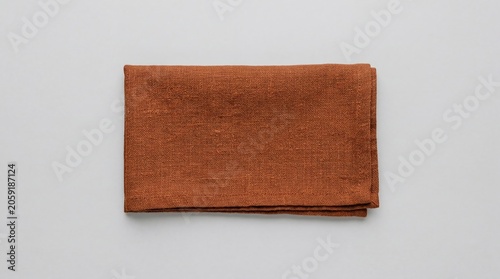 Brown linen napkin folded on light background. Textile table accessory for dining table setting. Minimalist kitchen decor, rustic home textile element for table decoration and food styling.
